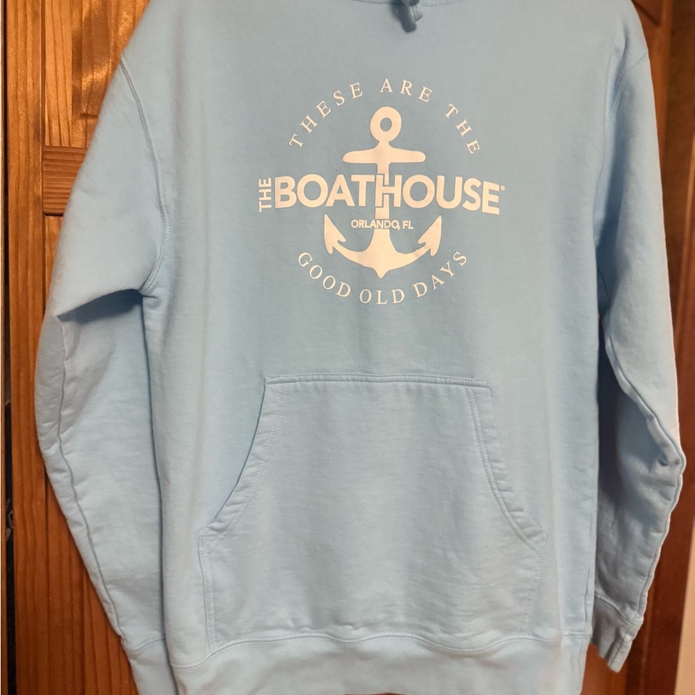 Light Blue Hoodie “Boat House”Cotton Sweat Shirt Size Med Independent Trading Co